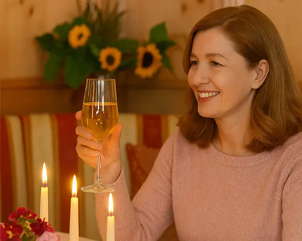 Gemütlich gedeckter Tisch im Parkhotel mit Geburtstagskuchen, Kerzen und floraler Dekoration – ideal für besondere Geburtstagswünsche.